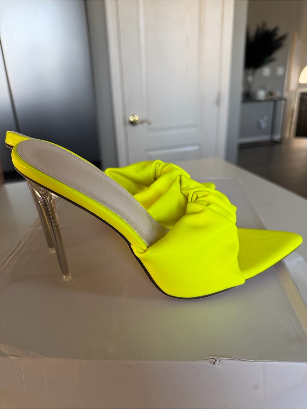 Neon Yellow Ruched Pointed Slip-On Mules